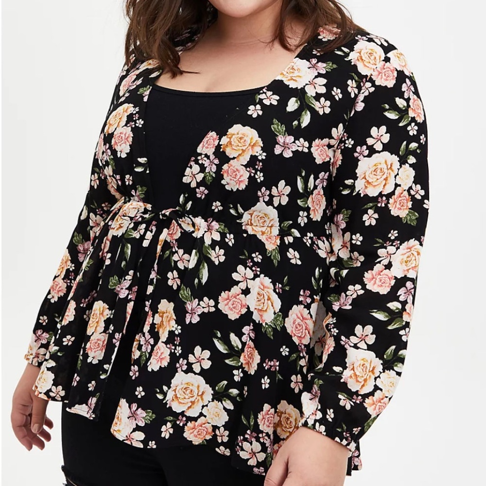 Torrid Black Floral Crepe Tie-Front Kimono 1X